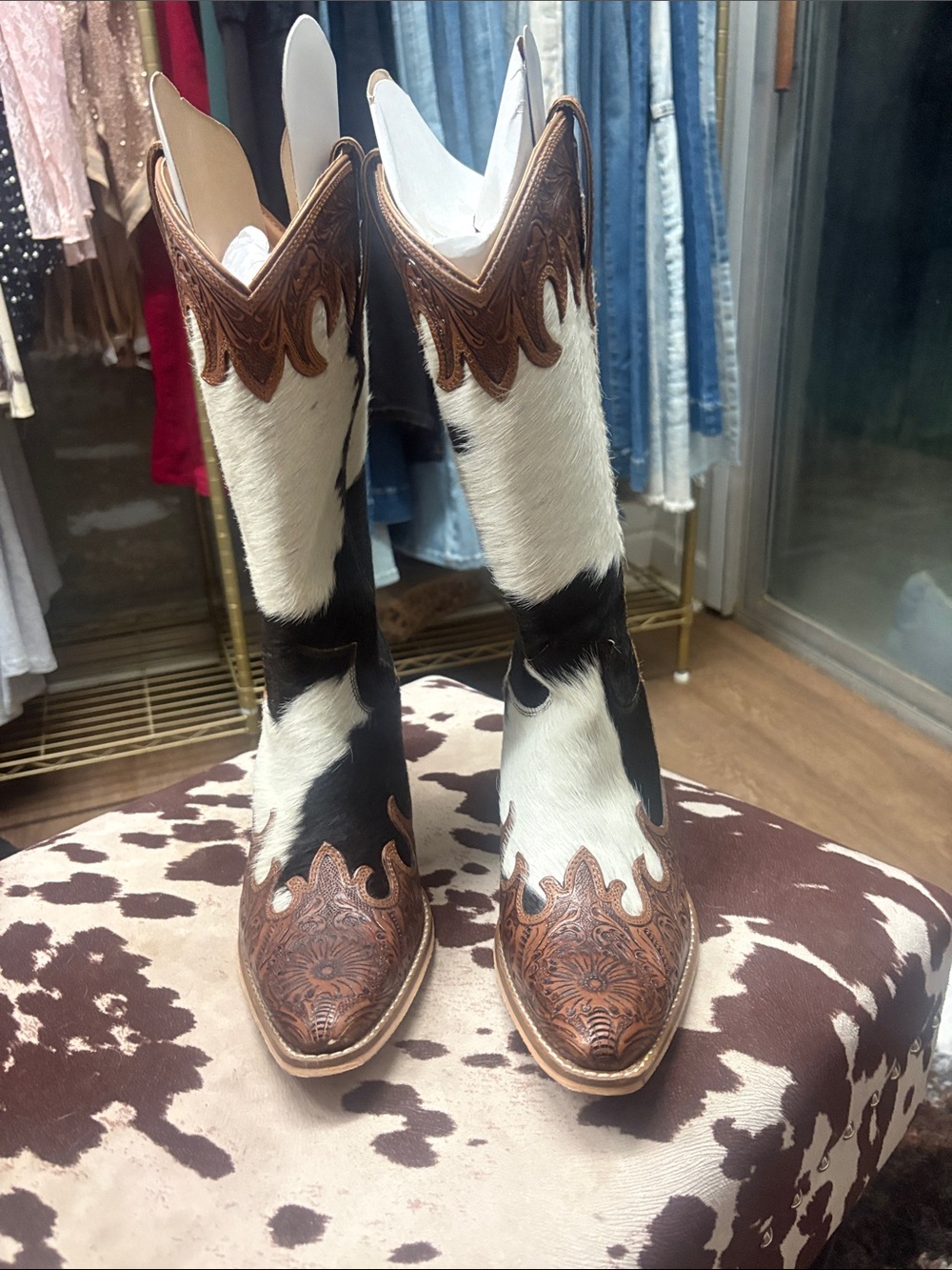 Myra Bag Brown & White Cowhide Western Knee-High Boots